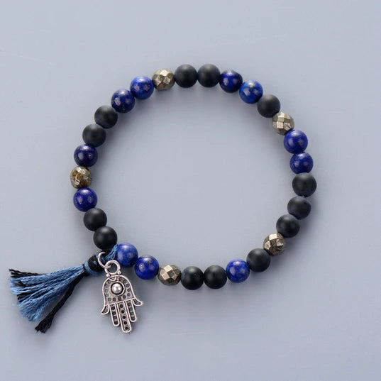 Handmade Elastic Mala Bead Yoga Bracelet featuring Boho Natural Stones, Pyrite, and Tassel accents.