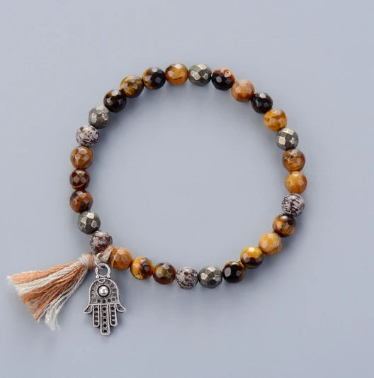 Handmade Elastic Mala Bead Yoga Bracelet featuring Boho Natural Stones, Pyrite, and Tassel accents.