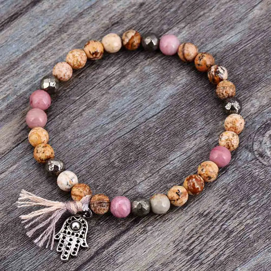 Handmade Elastic Mala Bead Yoga Bracelet featuring Boho Natural Stones, Pyrite, and Tassel accents.